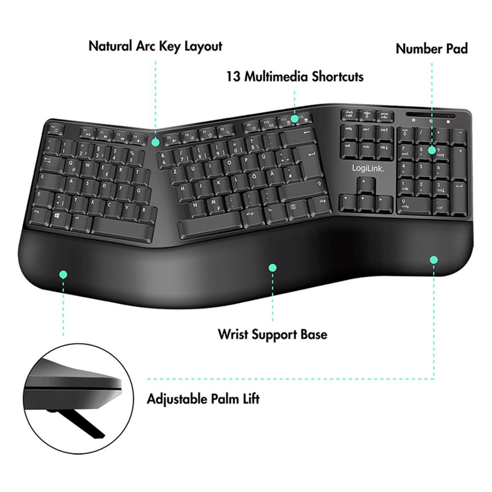 LogiLink Ergonomisches Funk Tastatur Maus Set Schwarz