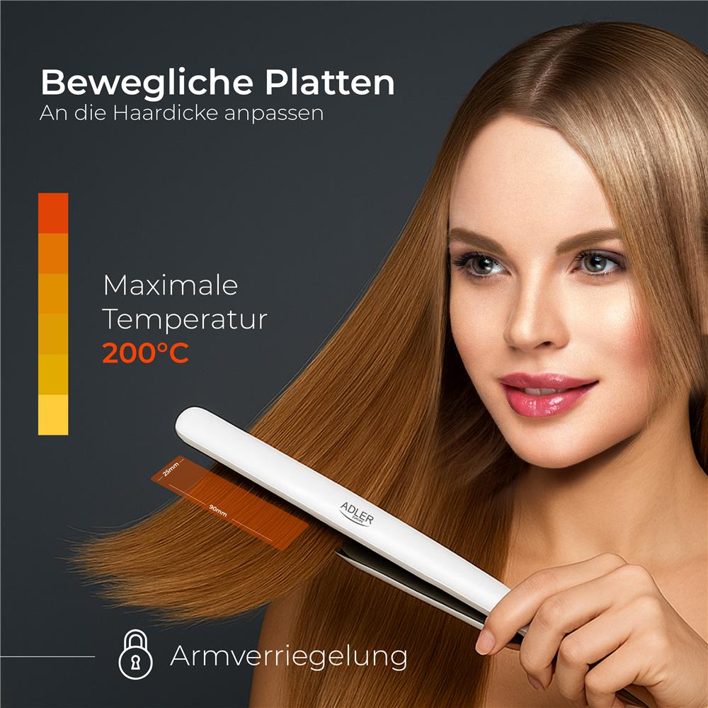 Adler AD 2317 Haarglätter Weiß champagne keramik 200 Grad schnelle Erwärmung