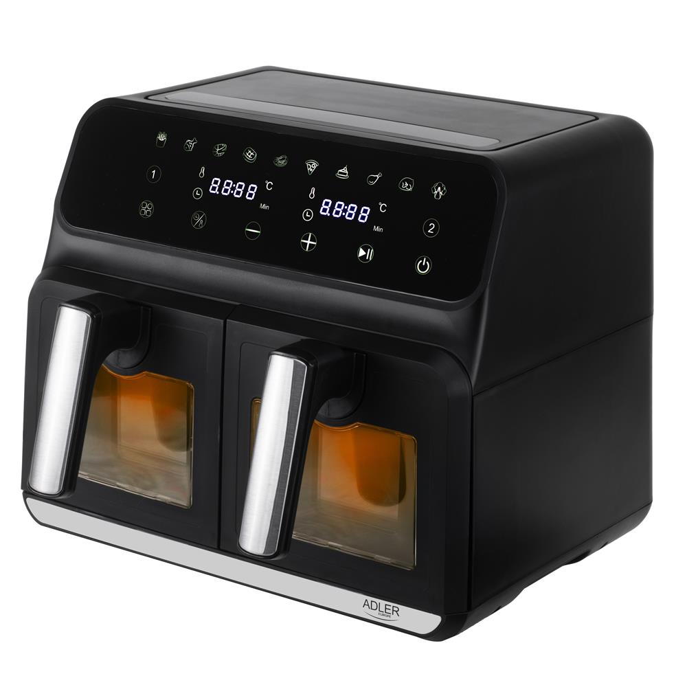 Adler AD 6315 Doppel Heißluftfritteuse mit Sichtfenster 8L Airfryer 2 Fächer schwarz