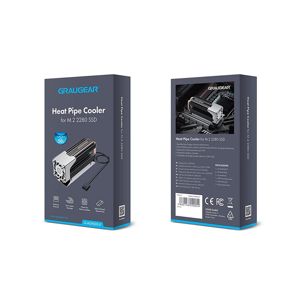 GRAUGEAR Heatpipe Kühler für M.2 NVMe 2280 SSD mit PWM Lüfter