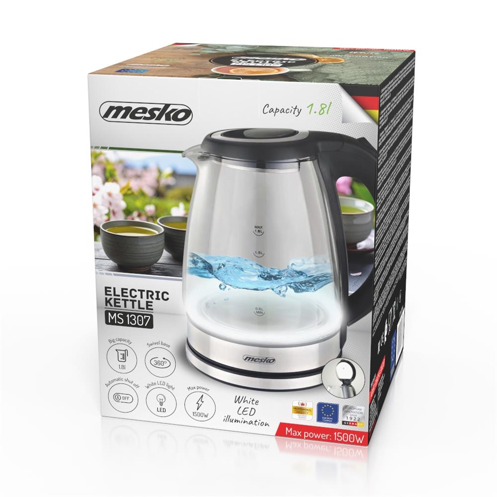 Mesko MS 1307 Wasserkocher Glas 1,8 L mit LED-Beleuchtung und Überkochschutz