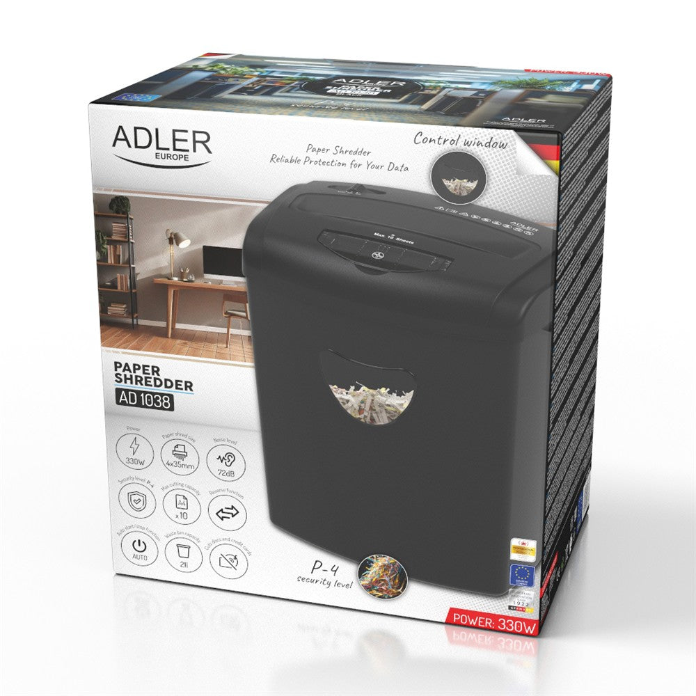 Adler AD 1038 Aktenvernichter Schwarz P4 10 Blatt 21L 330W für Papier CD Kreditkarten A4