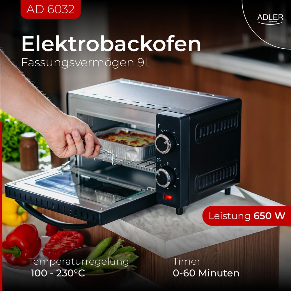 Adler AD 6032 Elektro-Backofen 9L schwarz – Kompakt & praktisch für kleine Küchen