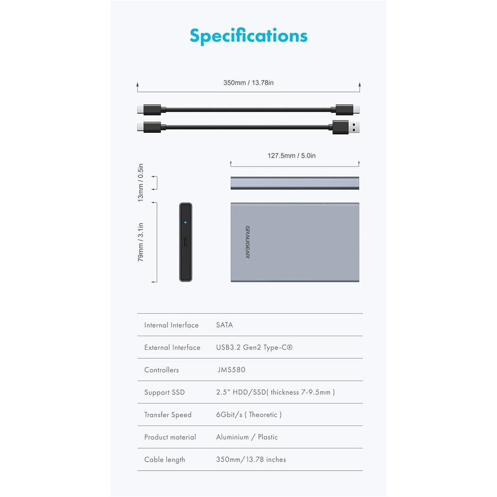 GRAUGEAR USB Type C Gehäuse für 2,5 Zoll HDD SSD Aluminium