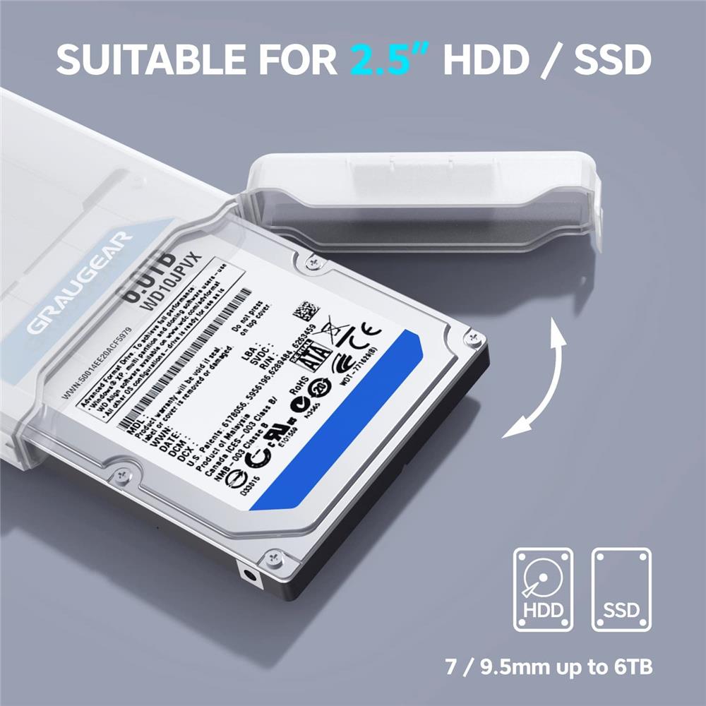 GRAUGEAR Externes Gehäuse für 2,5 Zoll SSD HDD mit USB C Adapter