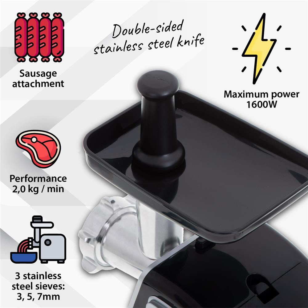 Camry CR 4812 Fleischwolf 1600 Watt Schwarz Silber 3 Edelstahlsiebe 2 Stufen Zerkleinerer