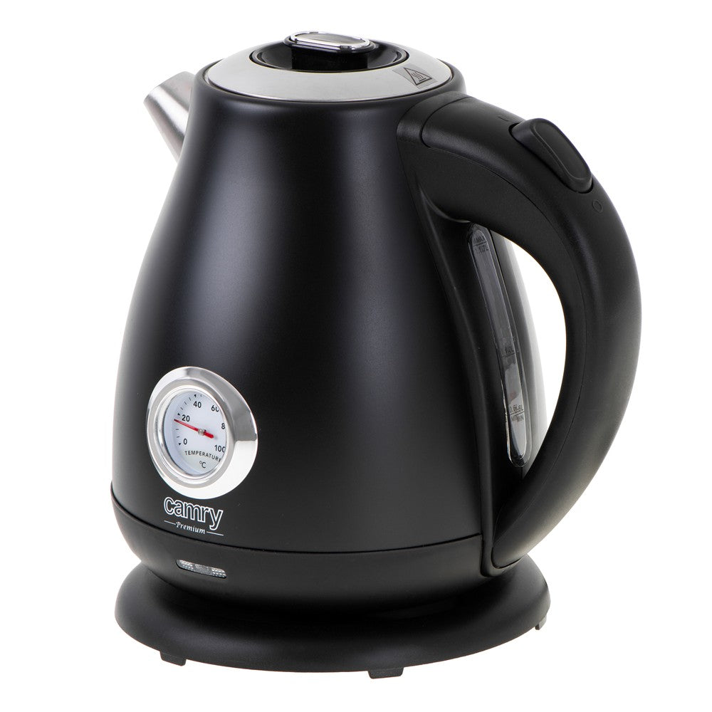 Camry CR 1344b Retro Wasserkocher mit Thermometer, 1,7 L Edelstahl Wasserkocher mit analoger Temperaturanzeige, 360° Basis, Kalkfilter, Teekocher für Tee, Kaffee, Schwarz