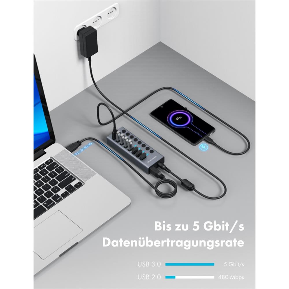 GRAUGEAR USB 3.0 Hub 7 Port mit Schnellladeanschluss