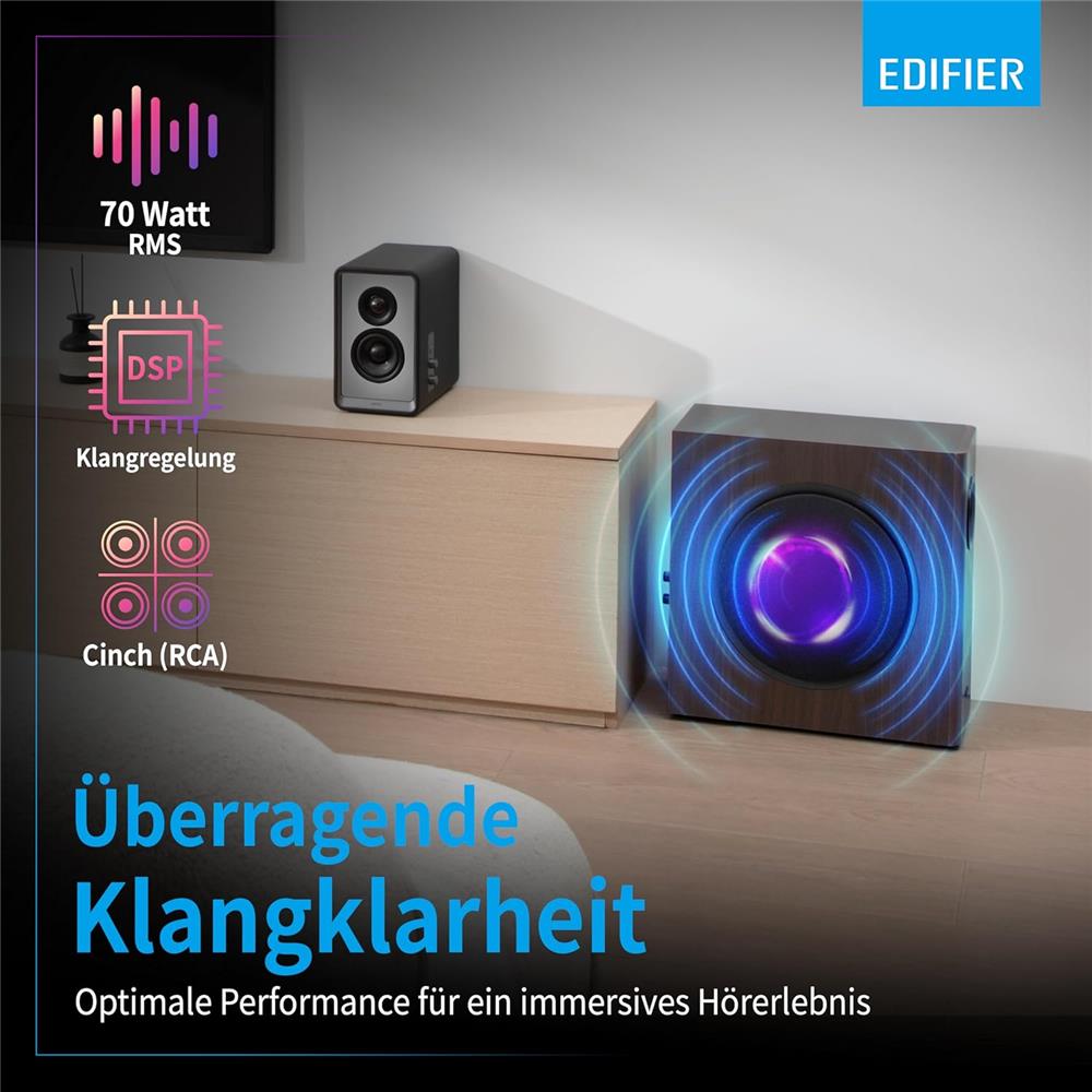 Edifier T5s – Aktiver 8" Subwoofer, 70W RMS, 35 Hz Bass, Braun Holzoptik