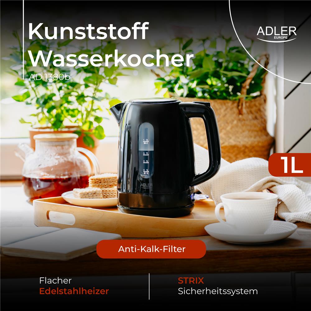 Adler AD 1380b Wasserkocher Kunststoff 1,0 l schwarz – kompakt & sicher