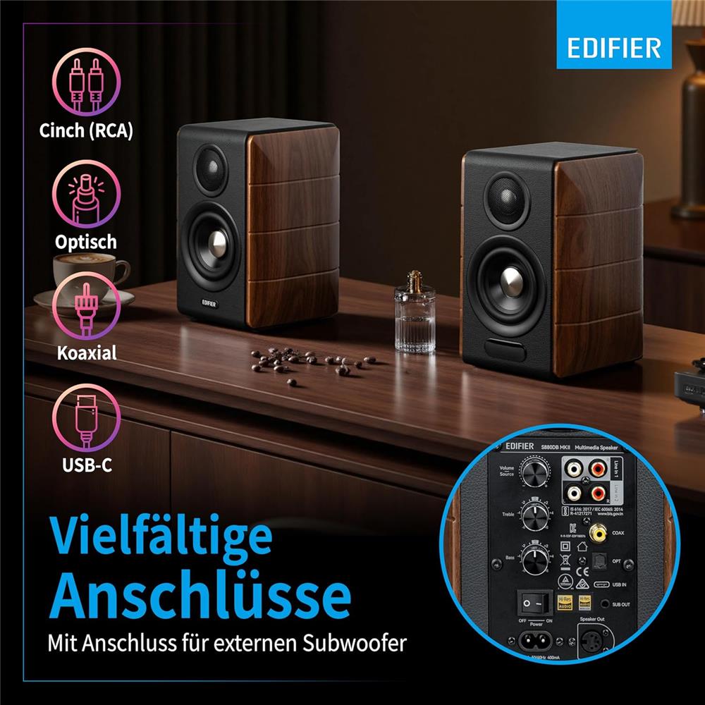 Edifier S880DB MKII – Hi‑Res Wireless 2.0 Lautsprecher, 88W, Walnuss