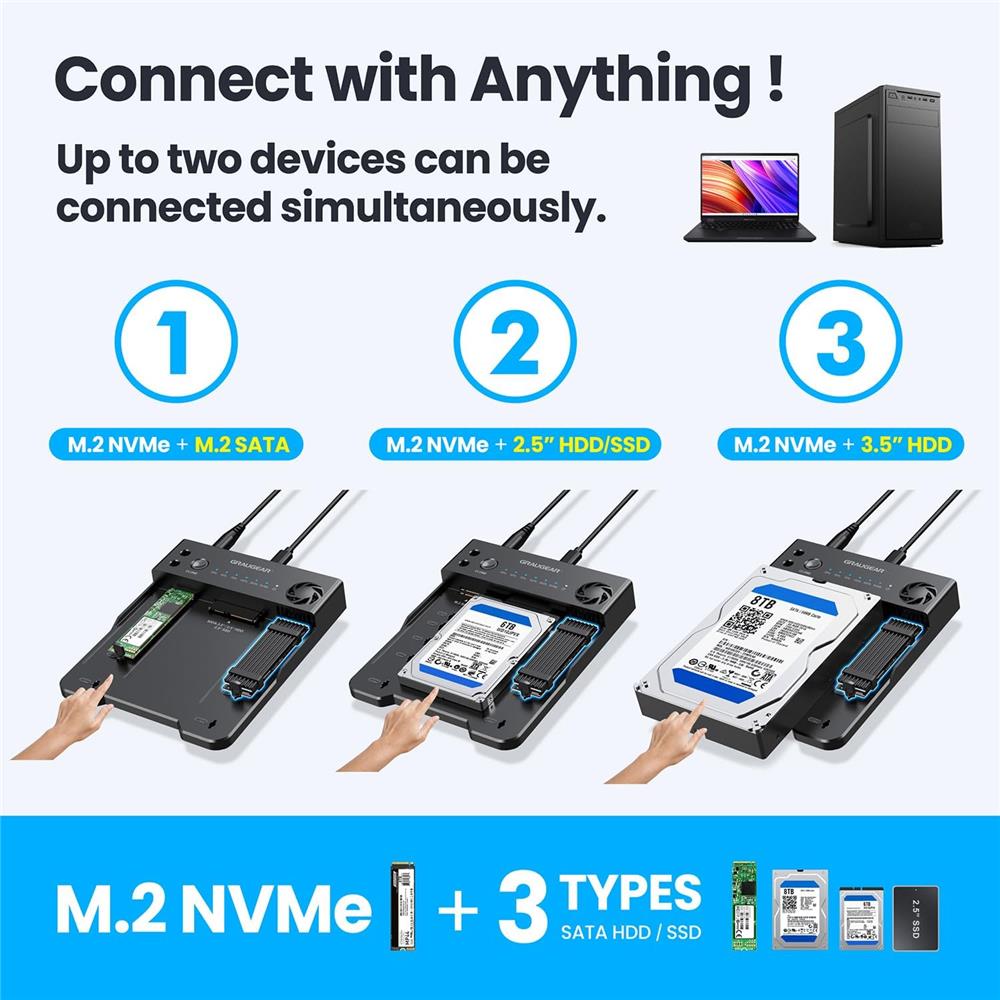 GRAUGEAR Bidirektionale Klonstation für M.2 SATA NVMe und 2,5 3,5 Zoll HDD SSD