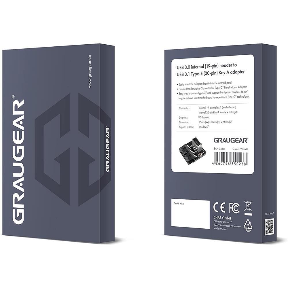 GRAUGEAR USB 3.0 Internal Header Adapter 19 Pin auf USB 3.1 Type E Key A gewinkelt