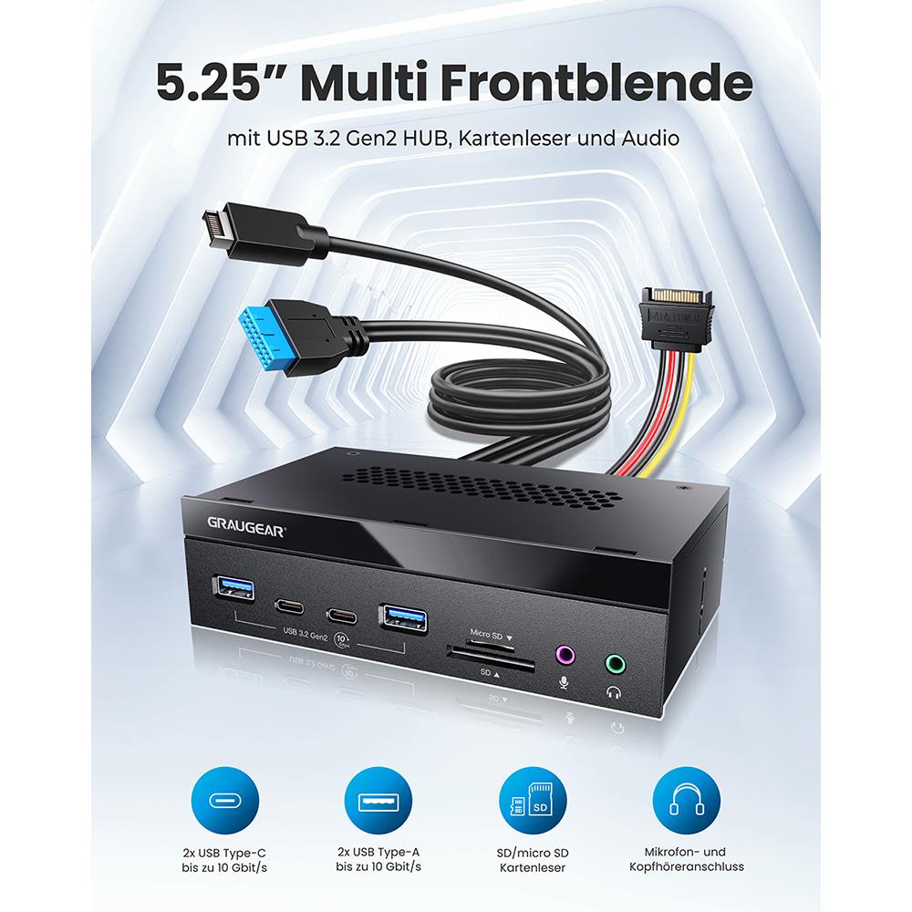 GRAUGEAR Multi Frontblende 5,25 Zoll mit USB Hub und Kartenleser