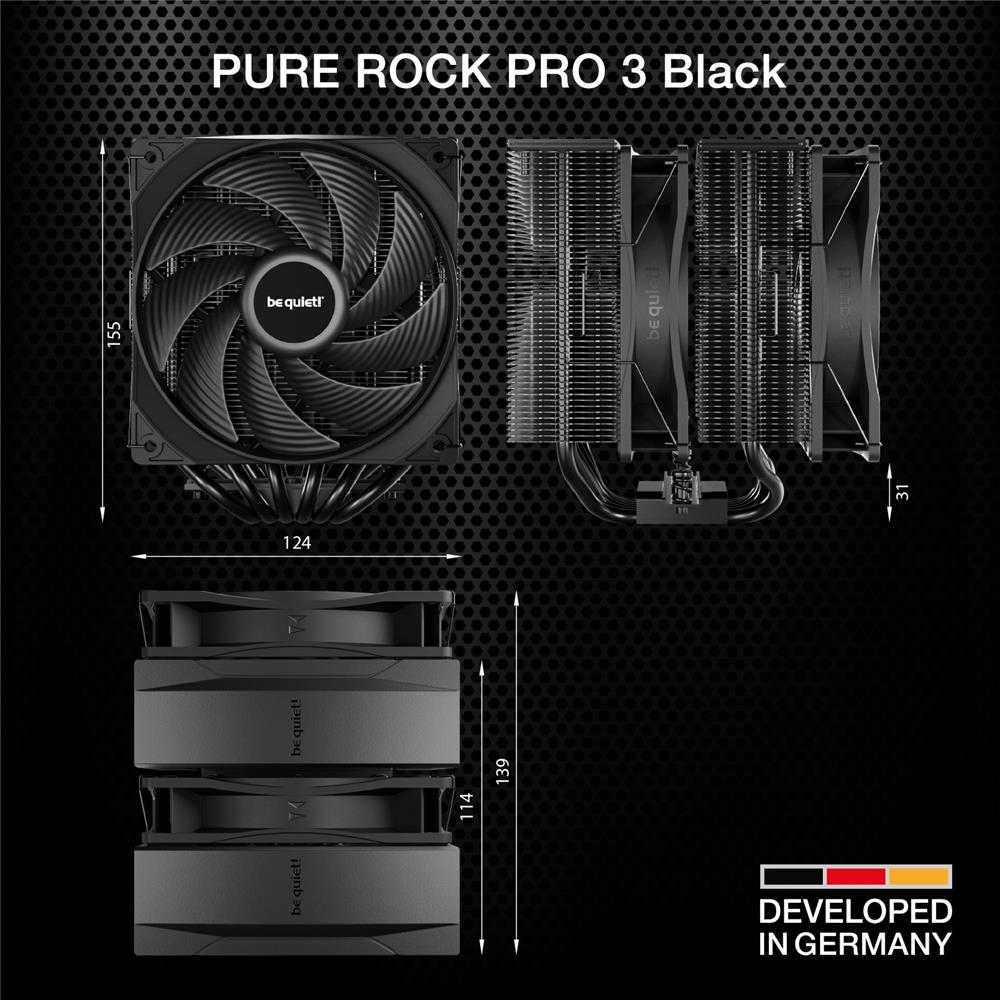 be quiet! Pure Rock Pro 3 Luftkühler beeindruckend hohe Kühlleistung 6 schwarze 6mm Hochleistungs-Heatpipes