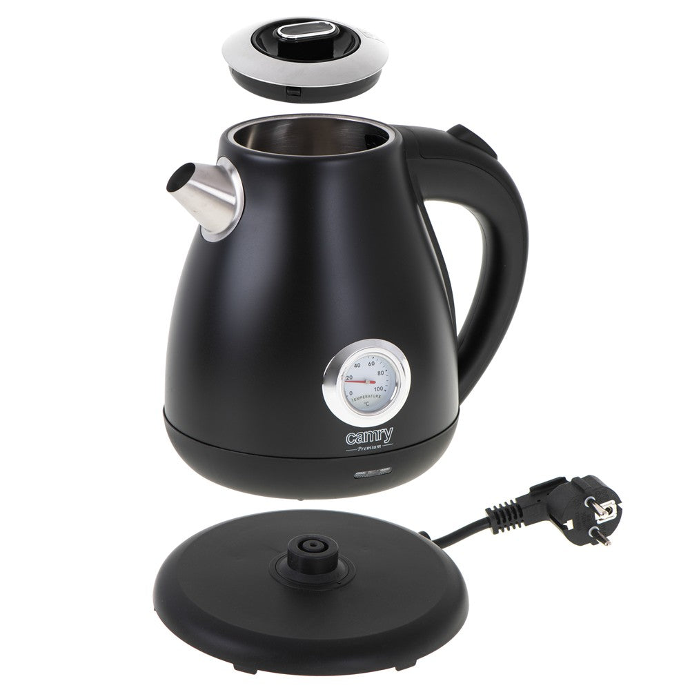 Camry CR 1344b Retro Wasserkocher mit Thermometer, 1,7 L Edelstahl Wasserkocher mit analoger Temperaturanzeige, 360° Basis, Kalkfilter, Teekocher für Tee, Kaffee, Schwarz