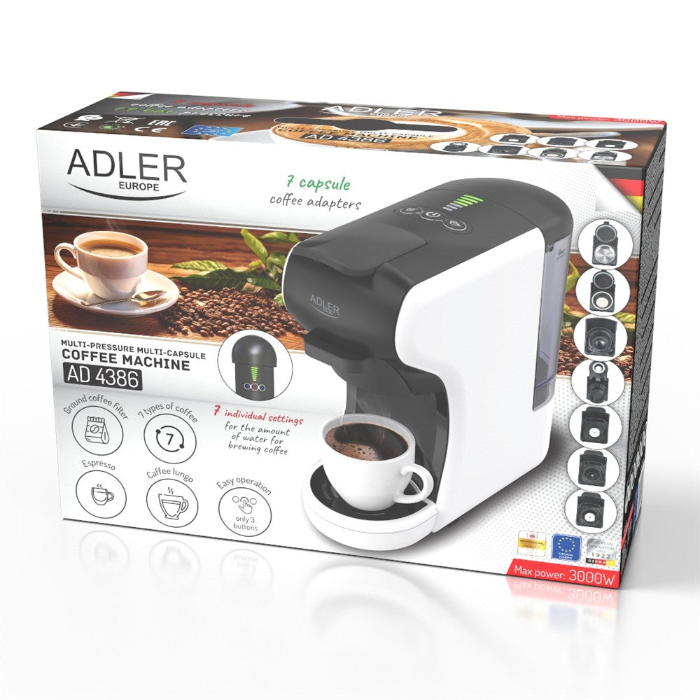 Adler AD 4386 Multikapsel Kaffeemaschine, 19 bar Espressomaschine, 9 Kapselsysteme, gemahlener Kaffee, ESE Pads, 0,6 l, kompakt, Weiß/Schwarz