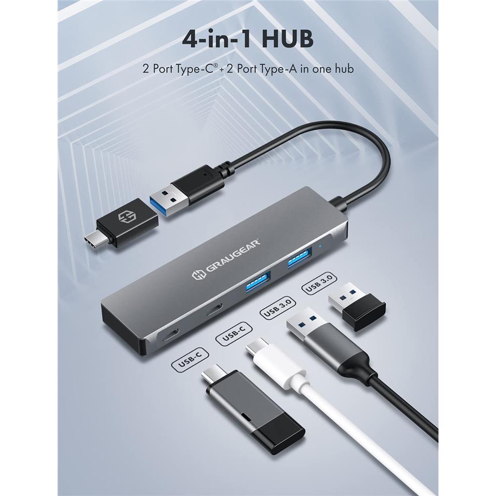 GRAUGEAR USB 3.0 Hub 4 Port 2x USB C 2x USB A Aluminium