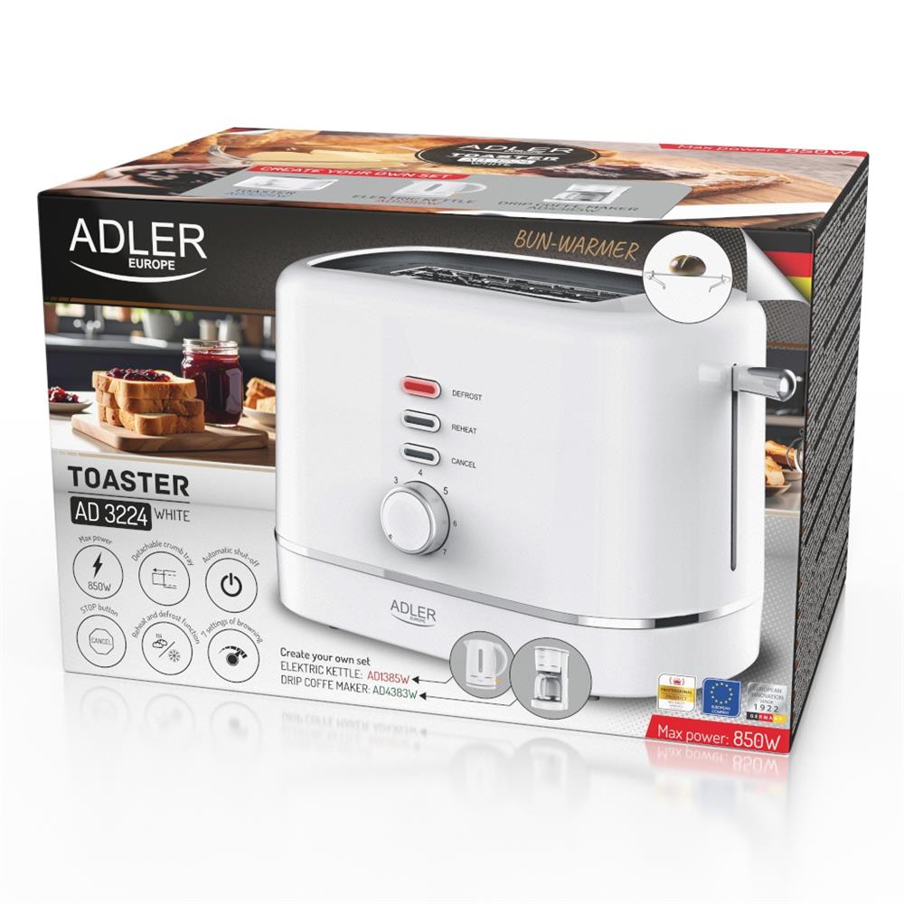 Adler AD 3224 Toaster Weiß Auftauen Brötchenaufsatz 7 Stufen Rutschfeste Füße Herausnehmbare Krümellade