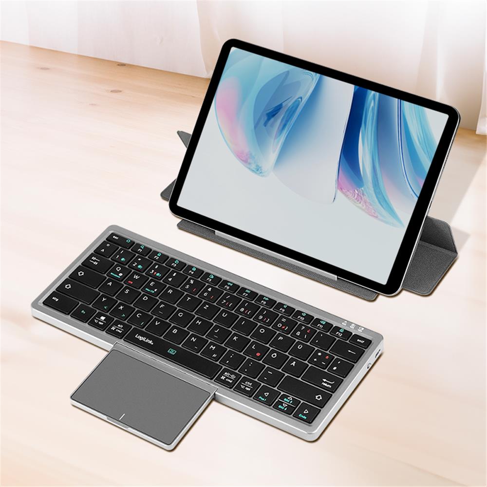 LogiLink Kabellose Multi-Device-Tastatur Bluetooth 5.1 mit Trackpad & Cover, Grau