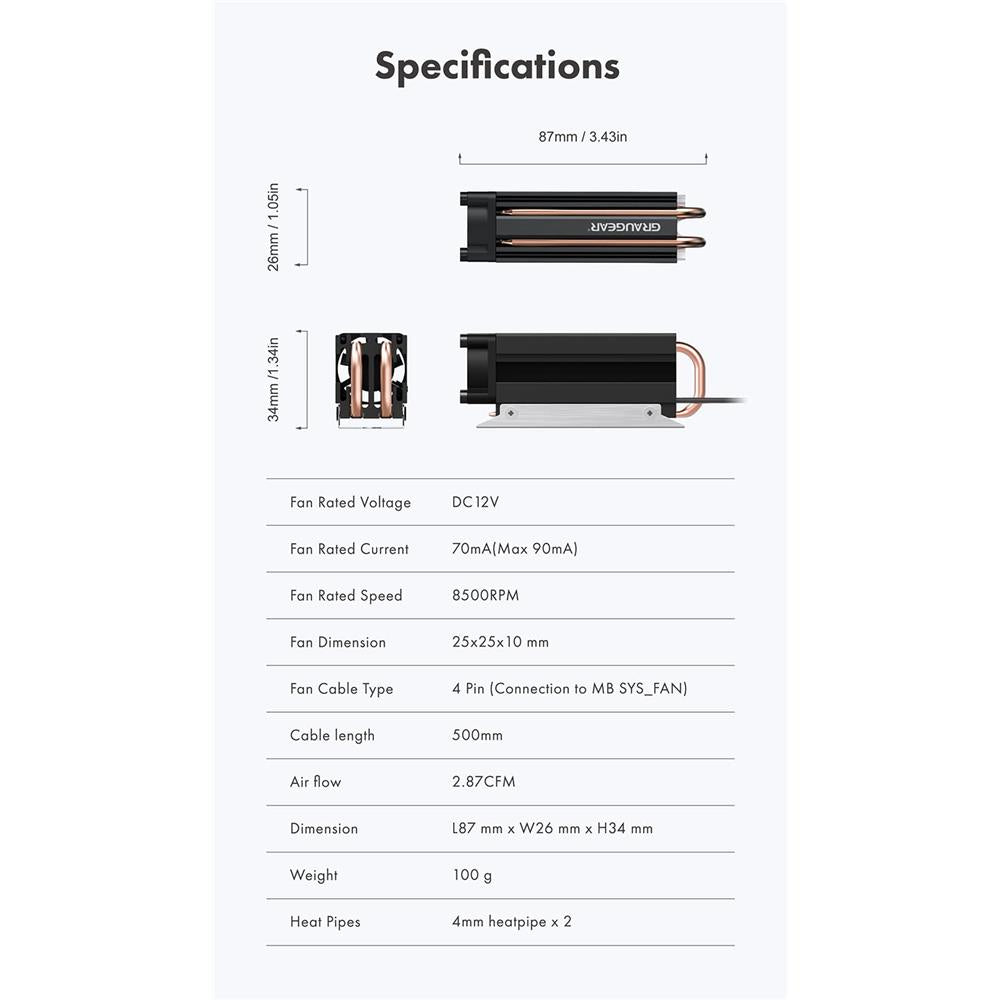 GRAUGEAR Heatpipe Kühler für M.2 NVMe 2280 SSD