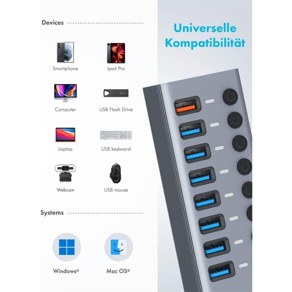GRAUGEAR USB 3.0 Hub 7 Port mit Schnellladeanschluss