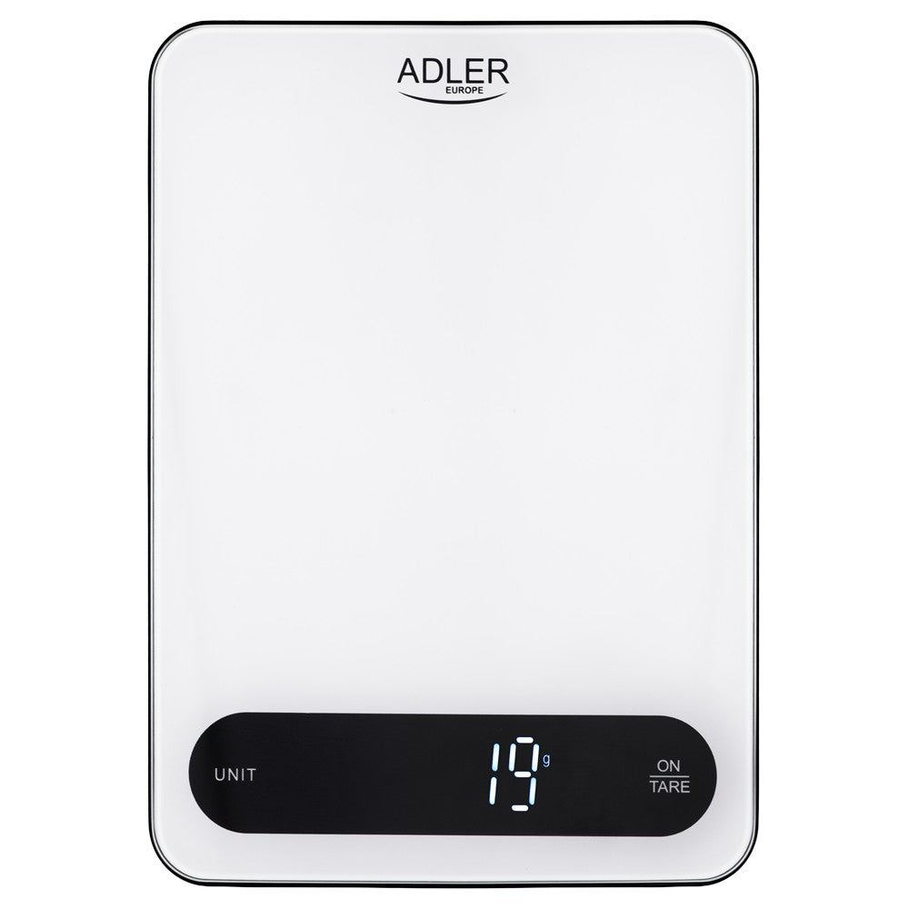 Adler AD 3177WB Küchenwaage Digital 10 kg, Elektronische Haushaltswaage mit Tara Funktion, USB-C aufladbar, Präzisionswaage zum Kochen und Backen, Glaswaage, Weiß