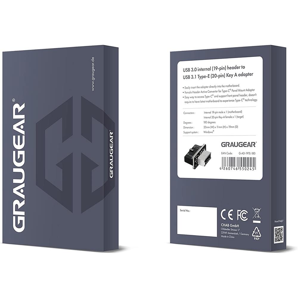 GRAUGEAR USB 3.0 Internal Header Adapter 19 Pin auf USB 3.1 Type E Key A gerade
