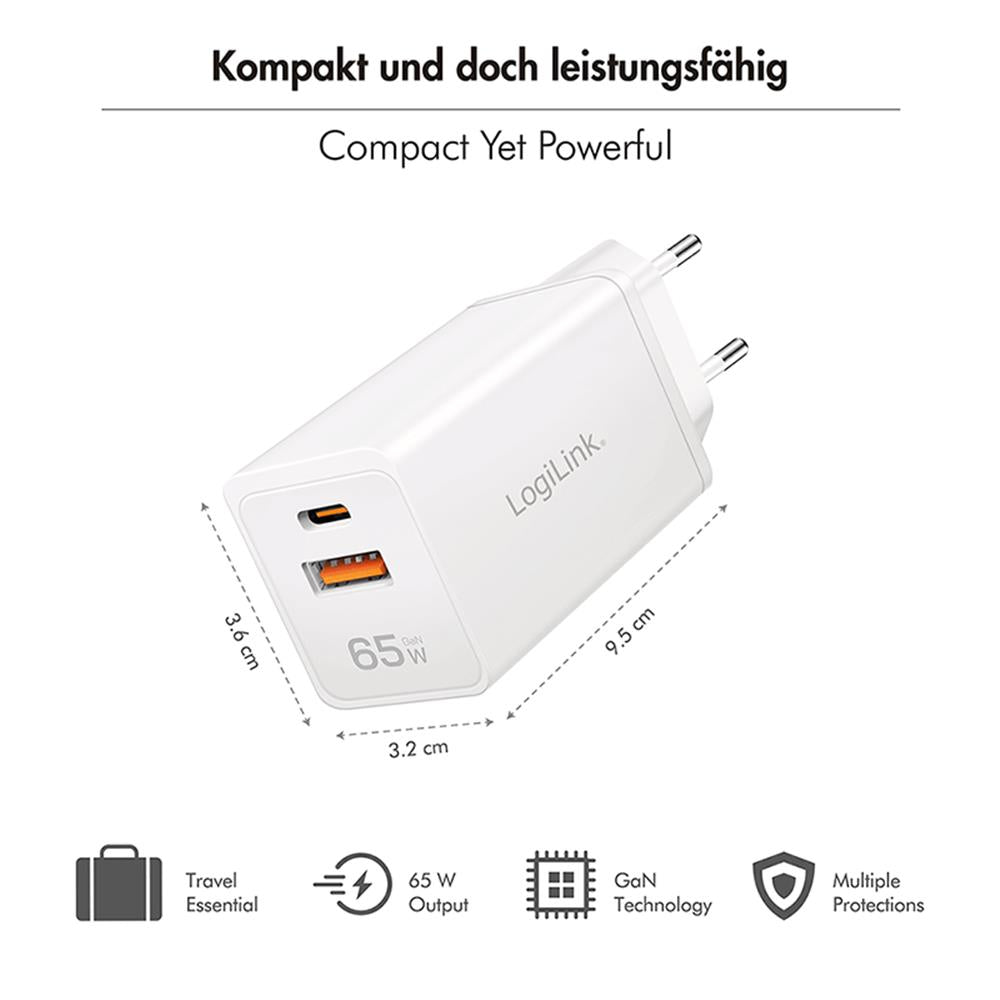 LogiLink Dual-USB Steckdosenadapter, 65 W, GaN, 1x USB-C PD, 1x USB-A QC, Weiß