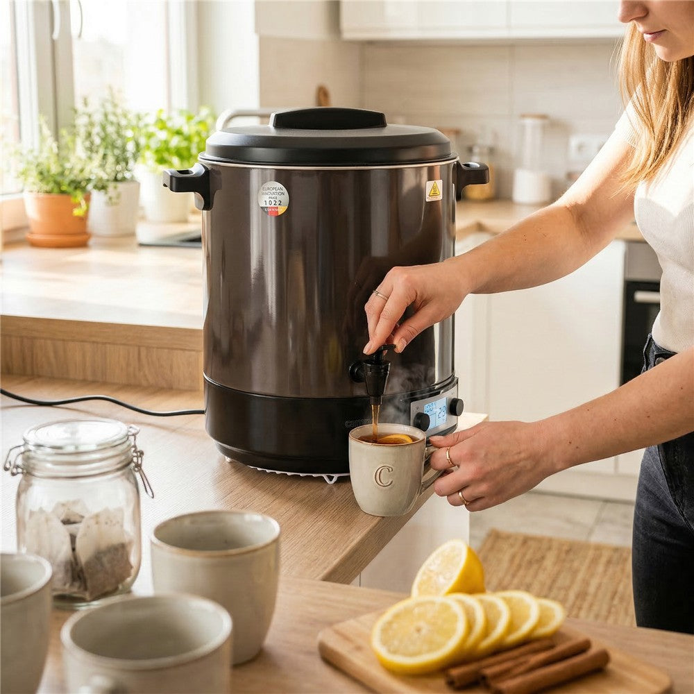Camry CR 4537 Einkochautomat 28L mit LCD-Display, Edelstahl Einkochtopf mit Zapfhahn, Warmhaltefunktion, Timer 180 Min., 30-100 °C, Glühweinkocher, Getränkespender, 2600W