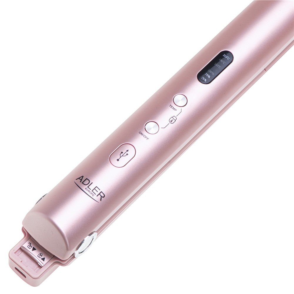 Adler AD 2327p Akku Glätteisen kabellos, USB-C Reise-Haarglätter mit Keramikplatten, LED-Display, 3 Temperaturstufen, Aufbewahrungsbeutel, Rosa