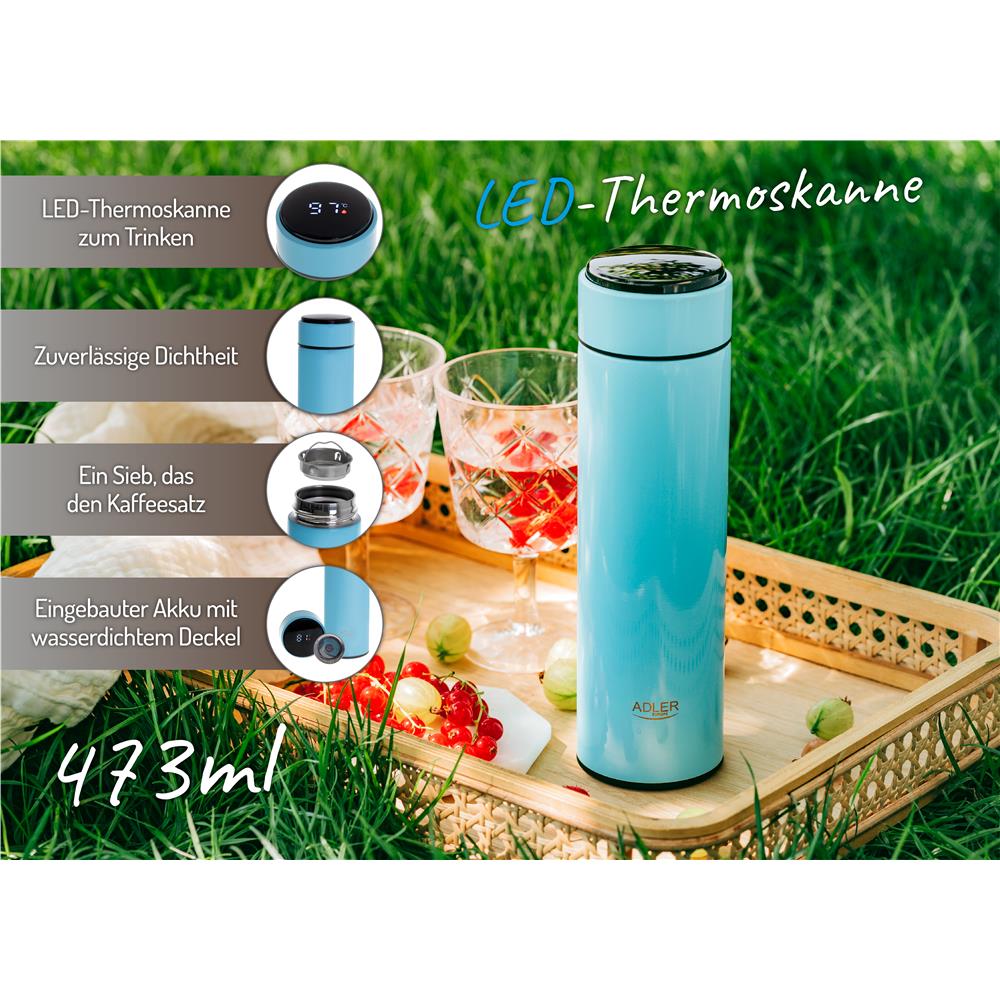 Adler Thermosflasche, 473ml, Blau, Trinkflasche mit LED-Temperaturanzeige