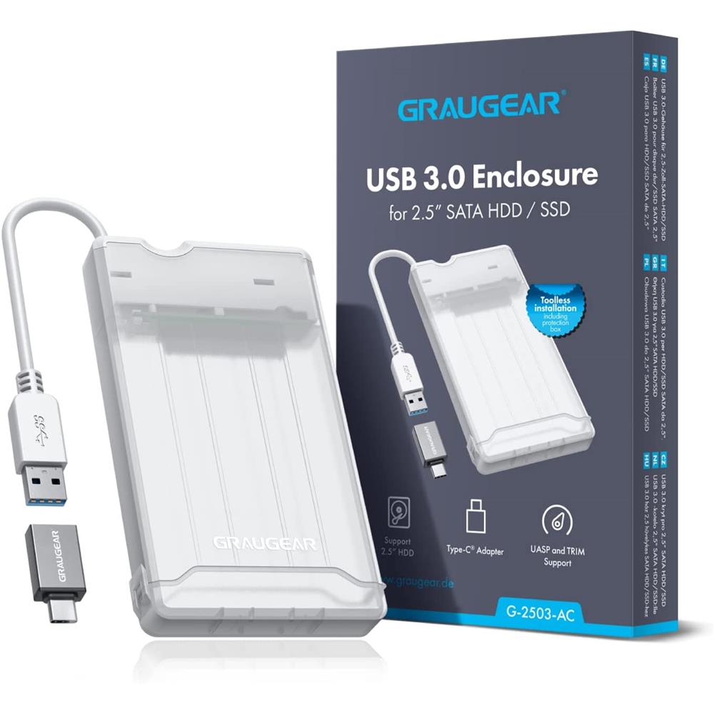 GRAUGEAR Externes Gehäuse für 2,5 Zoll SSD HDD mit USB C Adapter