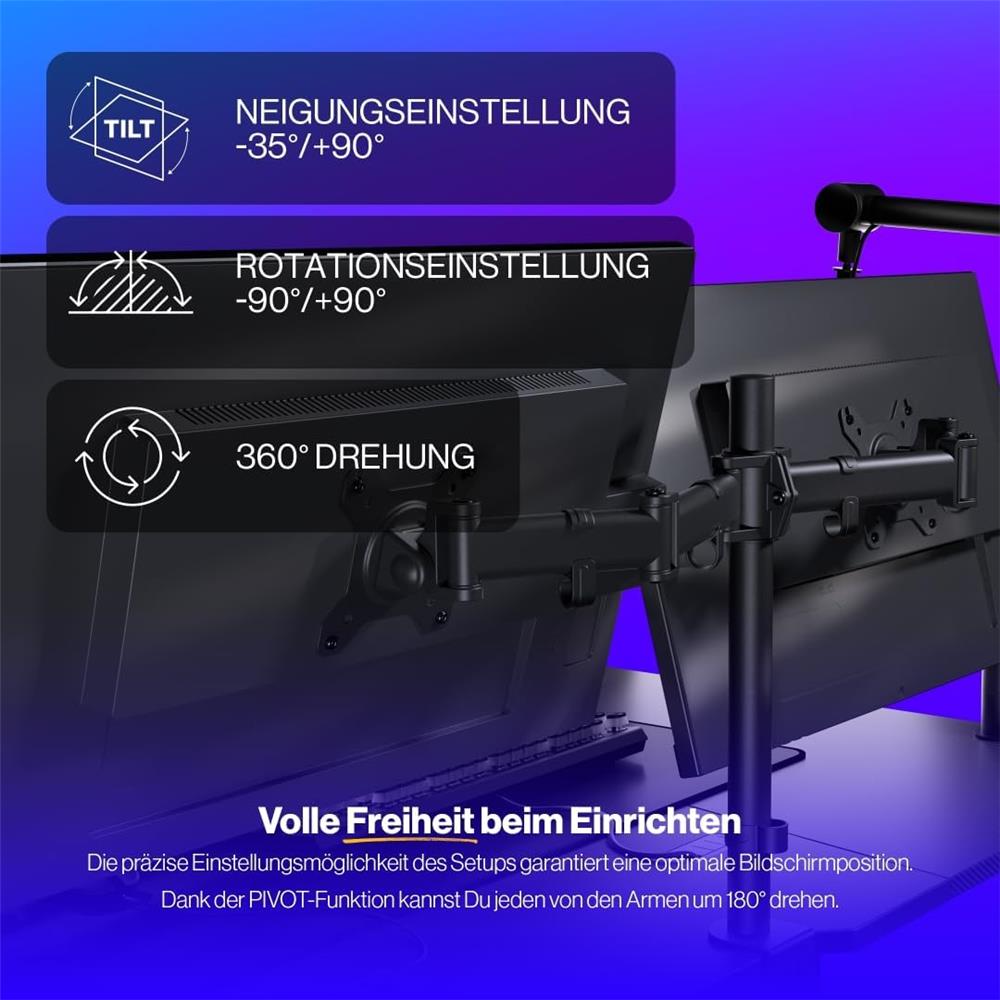 ENDORFY Atlas Double, Monitorhalterung, für 2 Monitore bis zu 27 Zoll, Schwarz | EY8F002