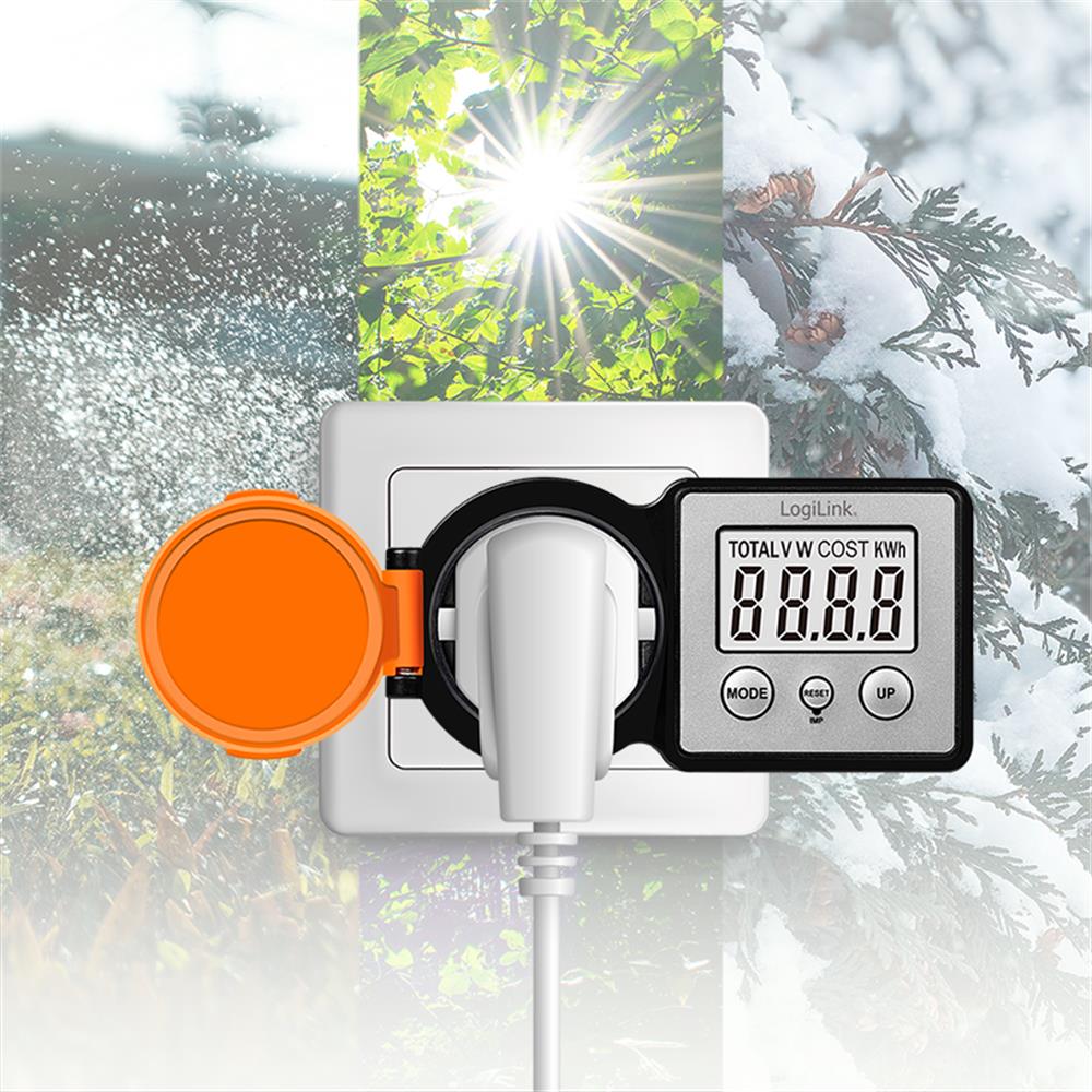 LogiLink Außensteckdose mit Energiekostenmesser & LCD – Stromverbrauch im Garten überwachen