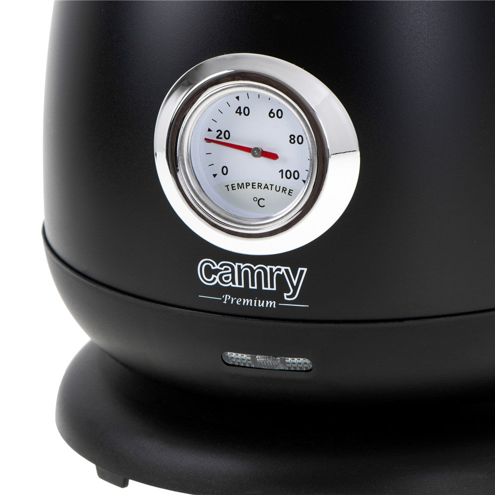 Camry CR 1344b Retro Wasserkocher mit Thermometer, 1,7 L Edelstahl Wasserkocher mit analoger Temperaturanzeige, 360° Basis, Kalkfilter, Teekocher für Tee, Kaffee, Schwarz