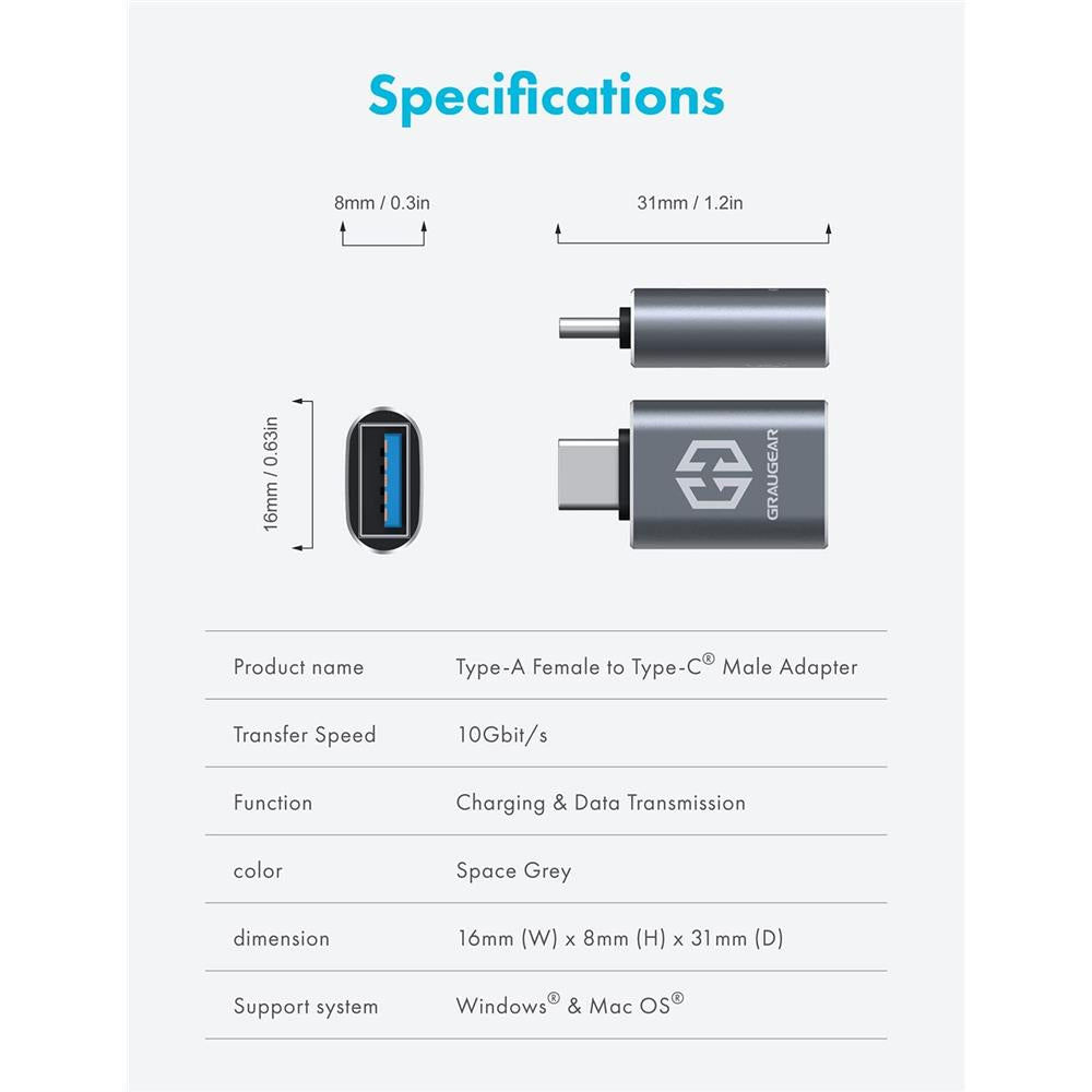 GRAUGEAR USB 3.2 Gen2 Type A auf Type C Adapter 10 Gbit s 2 Stück