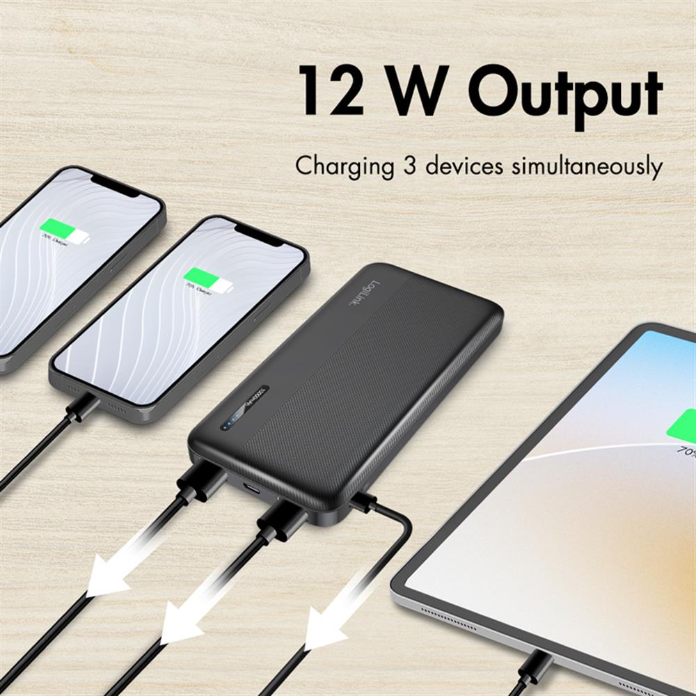 LogiLink Powerbank 10.000 mAh, 2× USB-A, 1× USB-C, Schnellladen, Schwarz