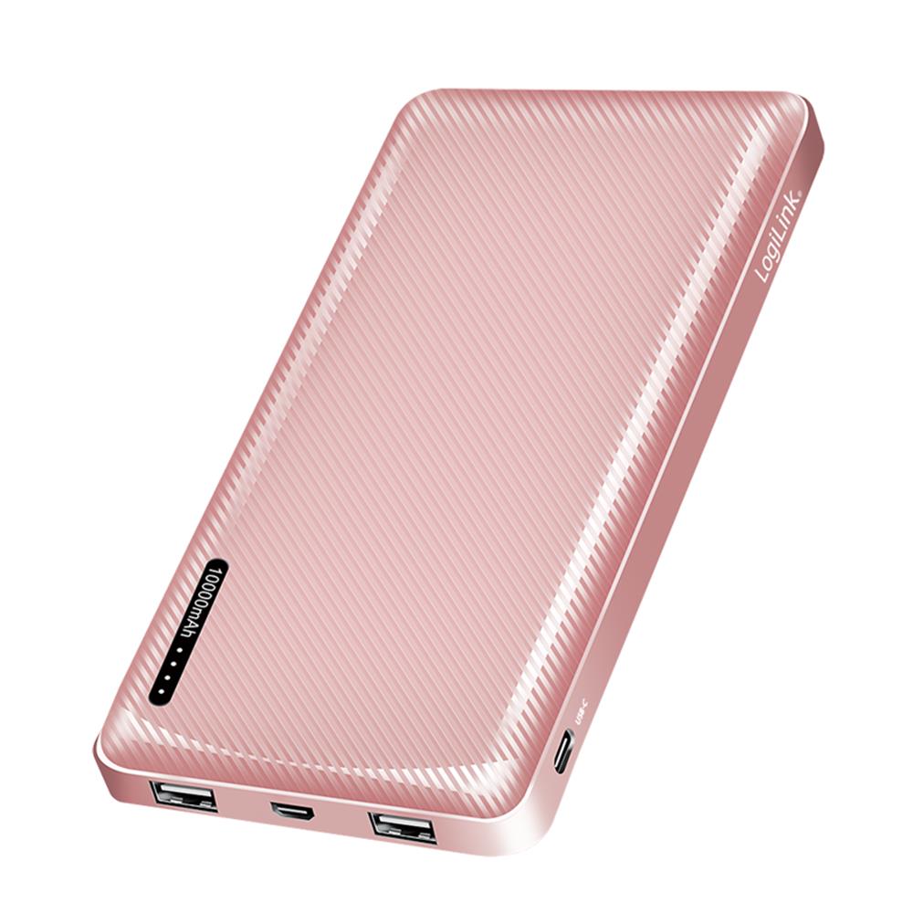 LogiLink Powerbank 10.000 mAh, 2× USB-A & 1× USB-C, Schnellladen, Roségold