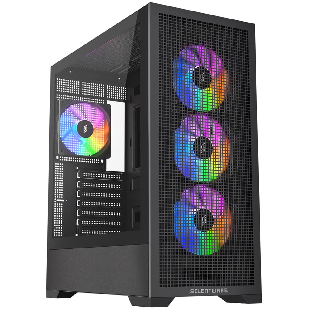 Silentware Core 100 A-RGB Black – Midi Tower mit Mesh-Front, Glas-Seitenfenster & 4 PWM RGB Lüftern