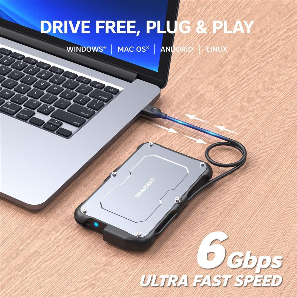 GRAUGEAR USB C Festplattengehäuse für 2,5 Zoll SATA SSD HDD stoßfest