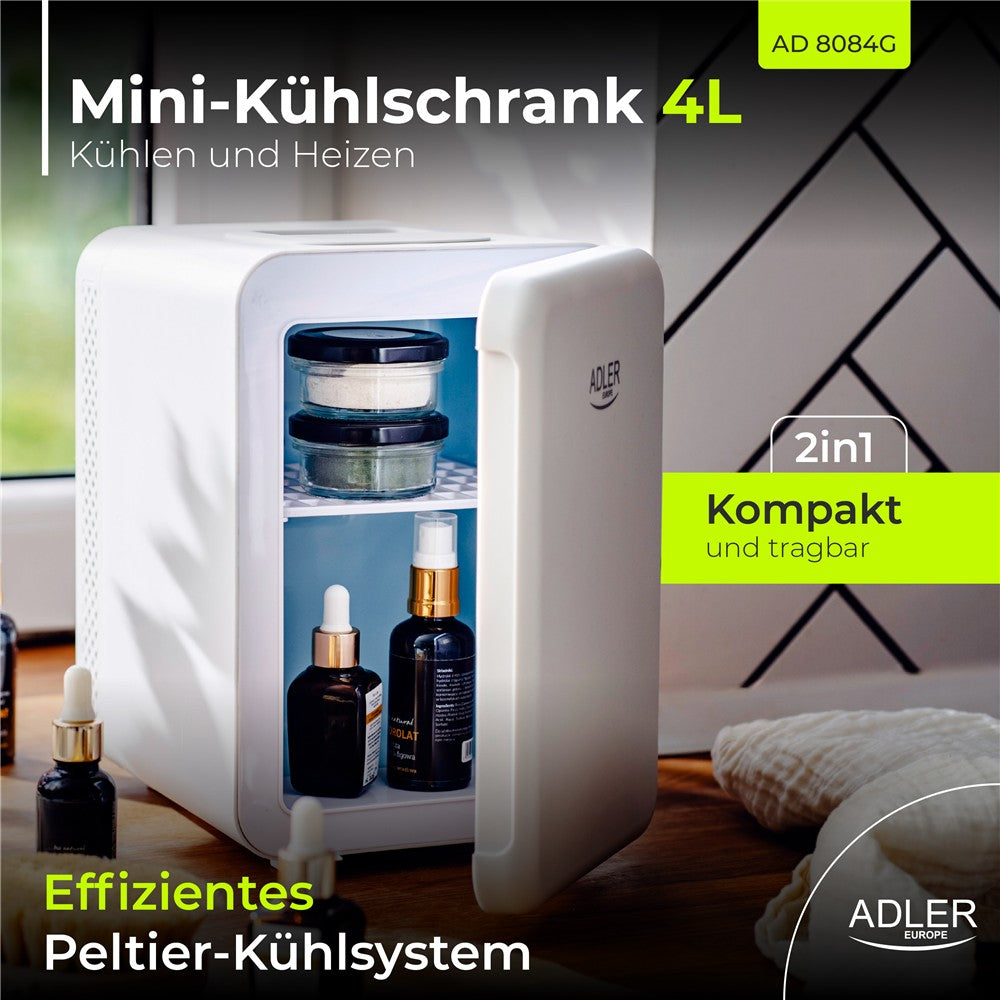 Adler AD 8084w Mini Kühlschrank 4 L, thermoelektrische Kühlbox, klein, tragbar, mit Kühl- und Heizfunktion, für Auto und Zuhause, Kosmetikkühlschrank, Getränkekühler, Weiß