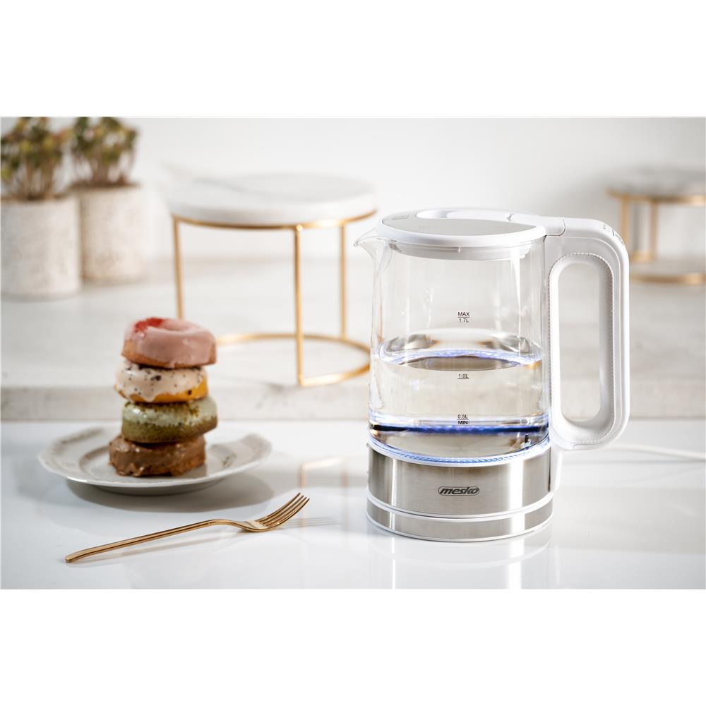 Mesko MS 1301W Glas Wasserkocher 1,7 L mit Temperaturwahl LED Weiß
