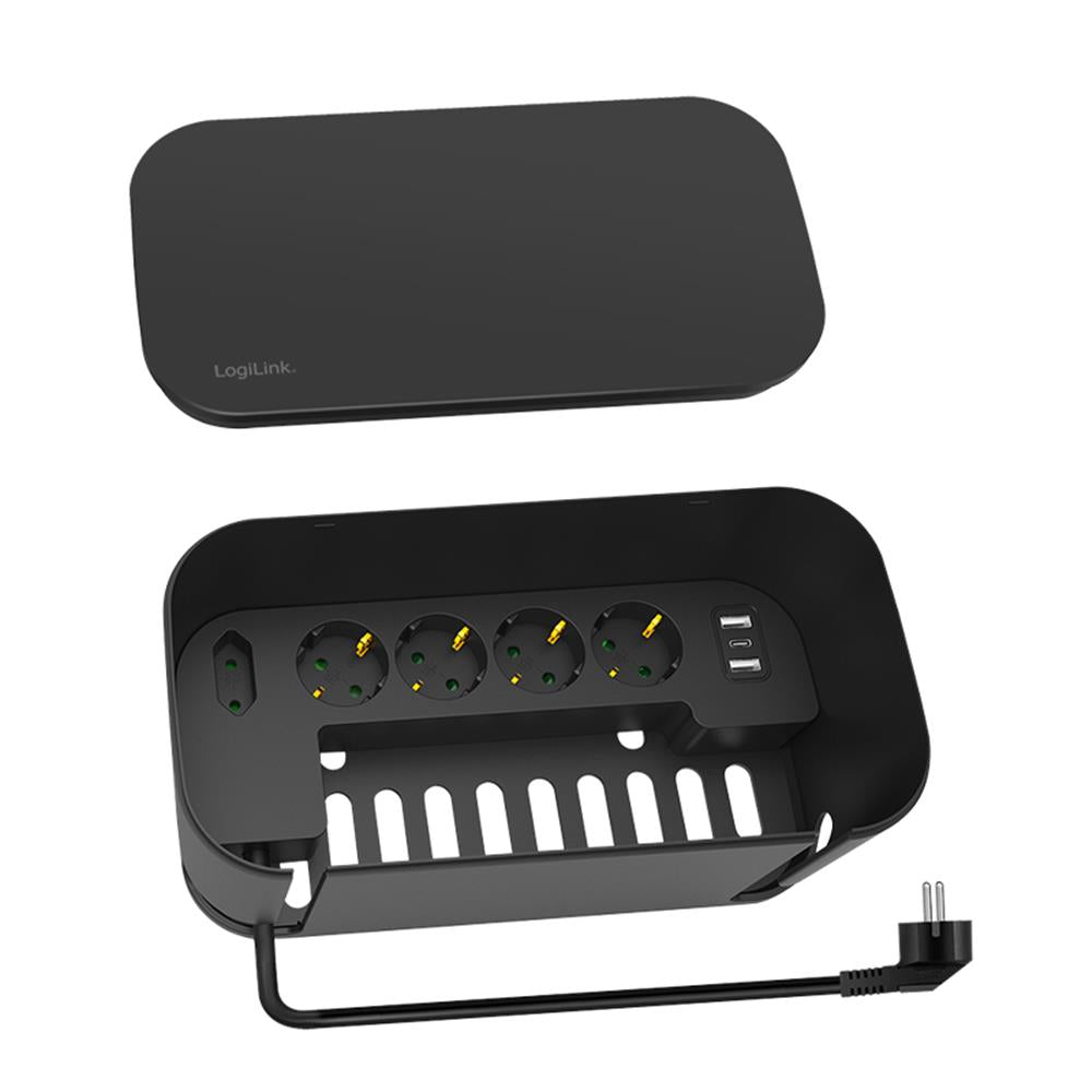 LogiLink Kabelbox mit 5 fach Steckdosenleiste und 3 USB Schwarz