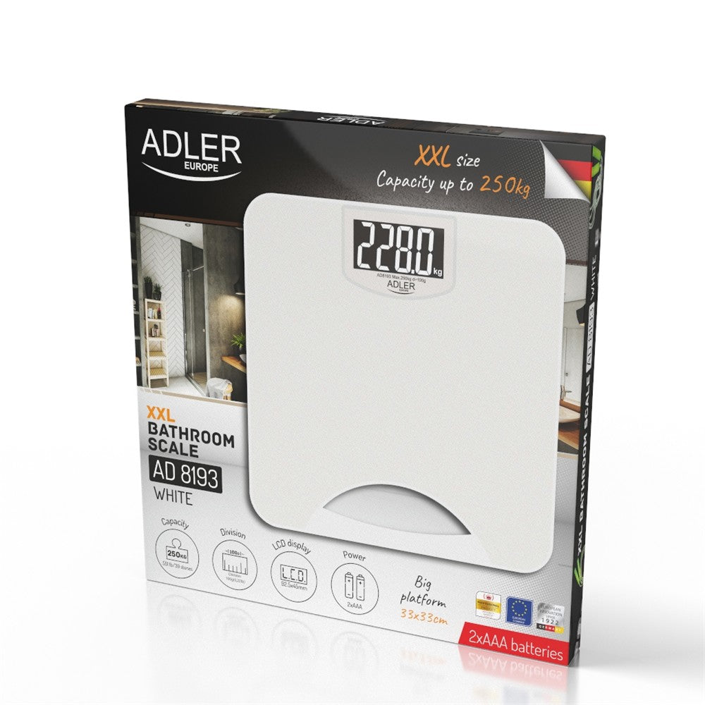 ADLER EUROPE AD 8193W Personenwaage bis 250 kg, digitale Badezimmerwaage mit LCD-Display, 100 g Teilung, ABS-Gehäuse, rutschfeste Füße