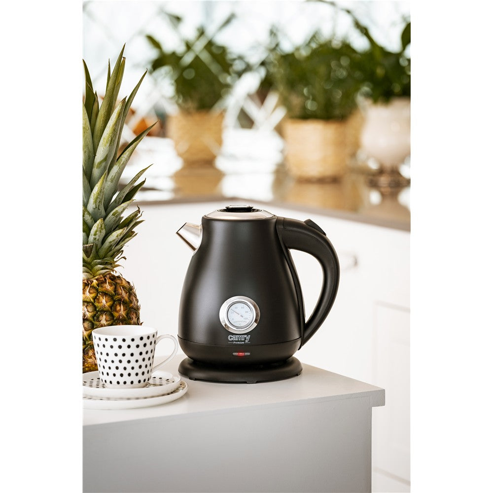 Camry CR 1344b Retro Wasserkocher mit Thermometer, 1,7 L Edelstahl Wasserkocher mit analoger Temperaturanzeige, 360° Basis, Kalkfilter, Teekocher für Tee, Kaffee, Schwarz