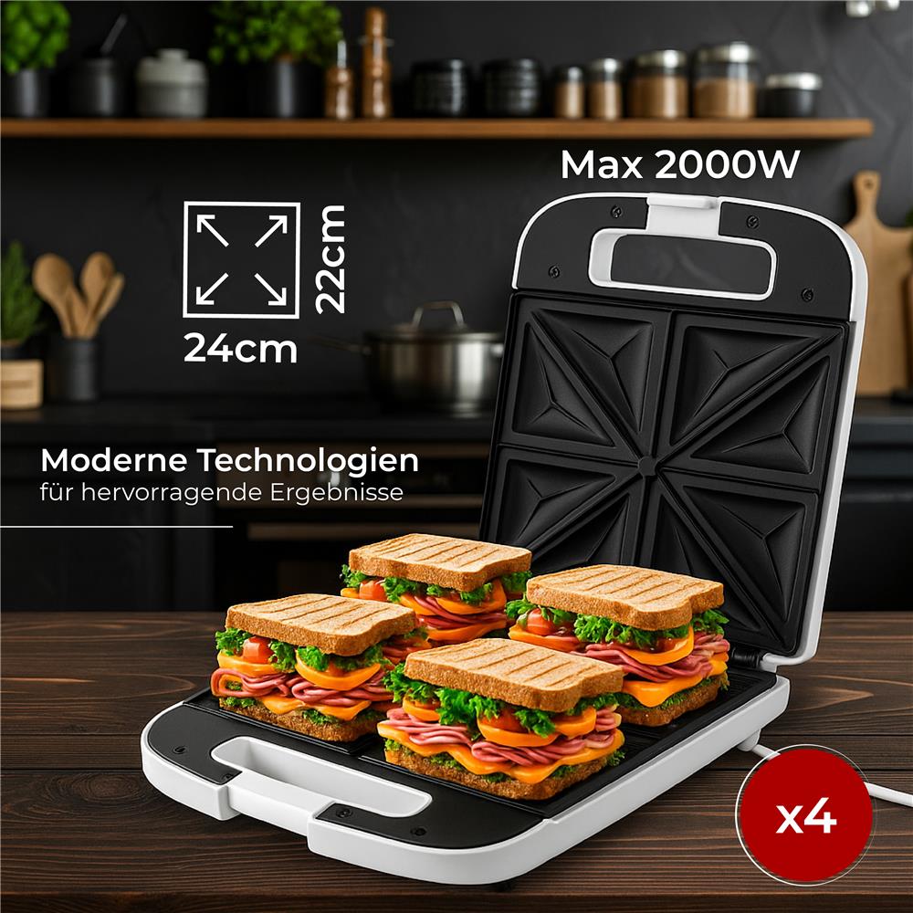 Adler AD 3055 Sandwichmaker für 4 Sandwiches mit Antihaftbeschichtung Weiß