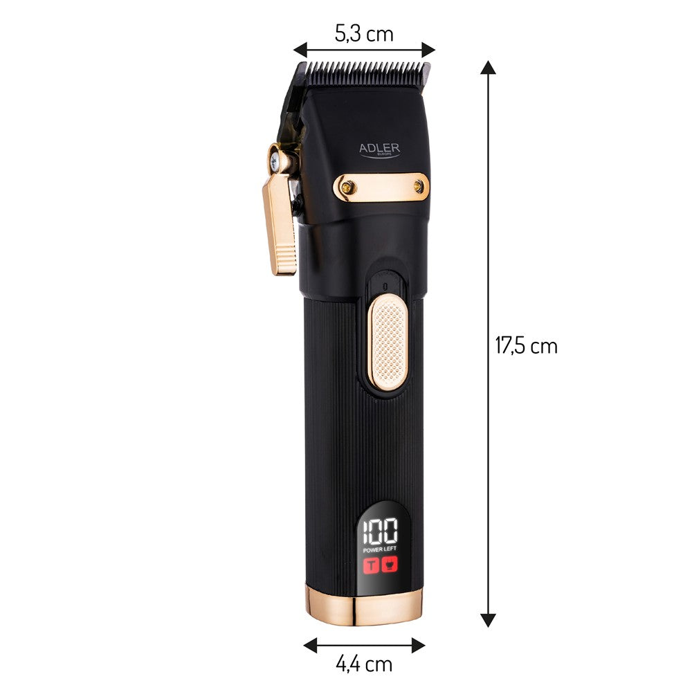 Adler AD 2853 Akku Haarschneider, Haartrimmer für Kopfhaar und Koteletten, Stahlklinge, LED-Display, USB, 0,8-13 mm Schwarz Golden