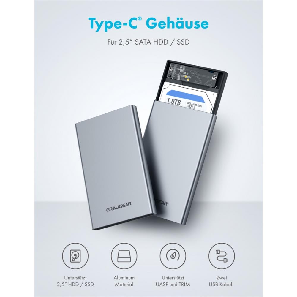 GRAUGEAR USB Type C Gehäuse für 2,5 Zoll HDD SSD Aluminium