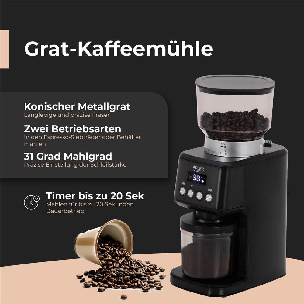 Adler AD 4300 Elektrische Kaffeemühle mit 300 g Bohnenbehälter Schwarz